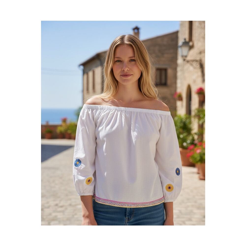 Madewell Embroidered Blouse Women SM White Off Shoulder Boho Top Balloon Sleeve - Picture 11 of 11
